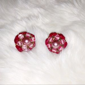 Vintage Beaded Pink Clip-On Earrings